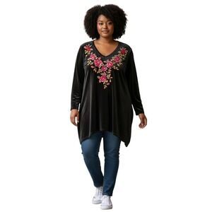 Catherines Womens Top Stretch Velvet Floral Embroidered Tunic Plus Sz 0X Relaxed